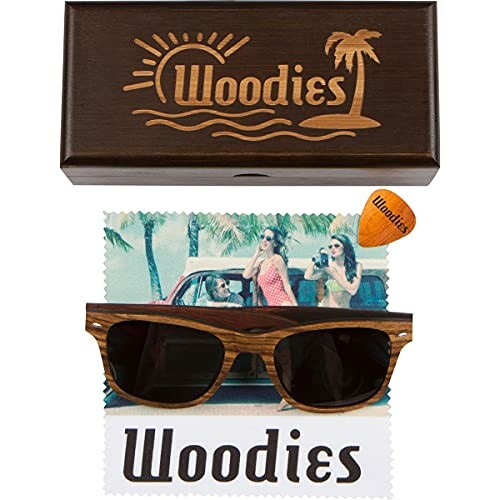 Wooden sunglasses with case and cloth featuring people in a car.