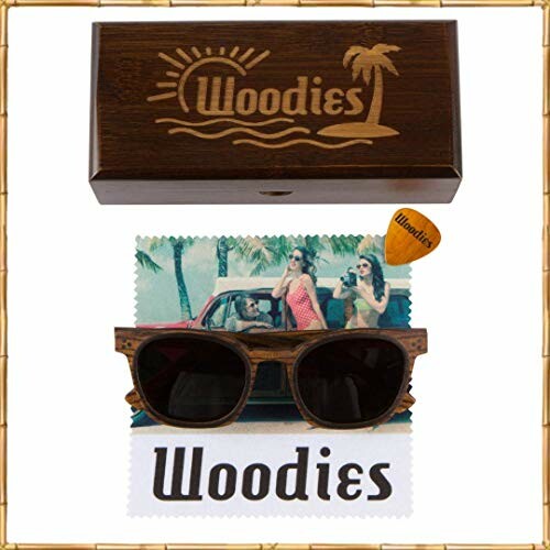 Wooden sunglasses with case and cleaning cloth featuring a retro car image.