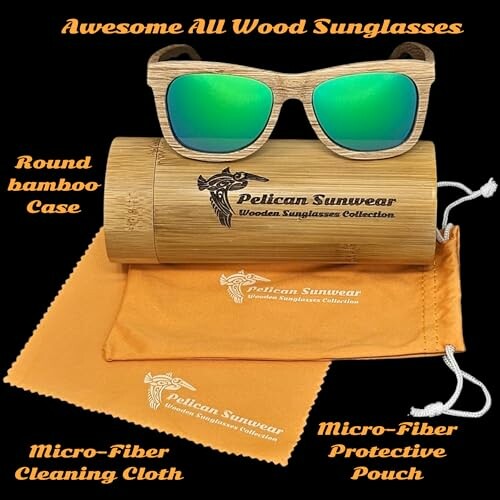 Wooden sunglasses with case, cloth, and pouch