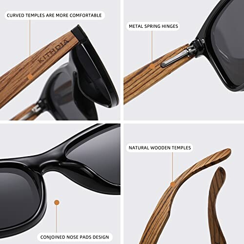 Collage of sunglasses with wooden temples, highlighting features like curved temples, metal spring hinges, conjoined nose pads, and natural wood design.